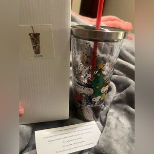Peanuts Christmas 20 oz. Acrylic Glitter Cup, screw on metal lid, red straw, new